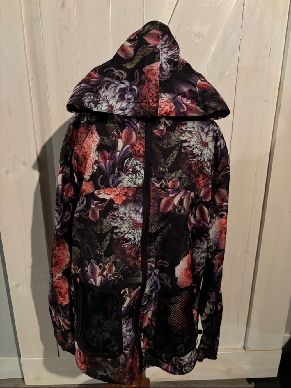Nanette Lepore Black Hooded Utility Jacket with Pink & Purple Floral Print